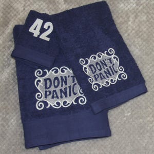 DON&quot;T PANIC Swirl Embroidered Towel Set, Custom Embroidered Hitch hikers guide to the galaxy Towel Set,  H2G2 HHGTTG