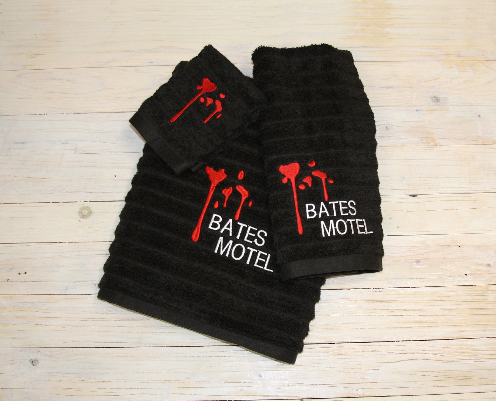 Bates Motel Bath Towel Set, Bates Motel, Bath Towel, Hand Towel & Washcloth Set,  Bates Motel Hand Towel, Blood Drip Custom Embroidered