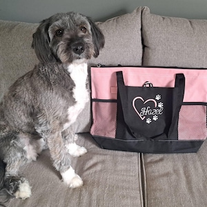 Personalized Dog Tote Bag Custom Embroidered with Zipper Top Closure, Heart and Paws pet travel bag, Pet gift, vet tech gift, dog bag
