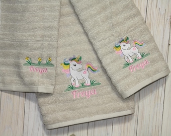 Personalized Unicorn Towel Set: Embroidered Rainbow Heart, 3-Piece Cotton Bath Set