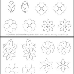 Könnte beinhalten: Eine schwarz-weiße Illustration mit verschiedenen floralen Umrissdesigns. Das Bild zeigt verschiedene Blumen- und Blattformen, darunter vierblättrige Blüten, stilisierte Blüten und detaillierte Blattmuster. Der Text unten lautet "Designs From: Native Impact Company by - Elexia Saari (Nazbike Awaasang Indizhinikaaz)".