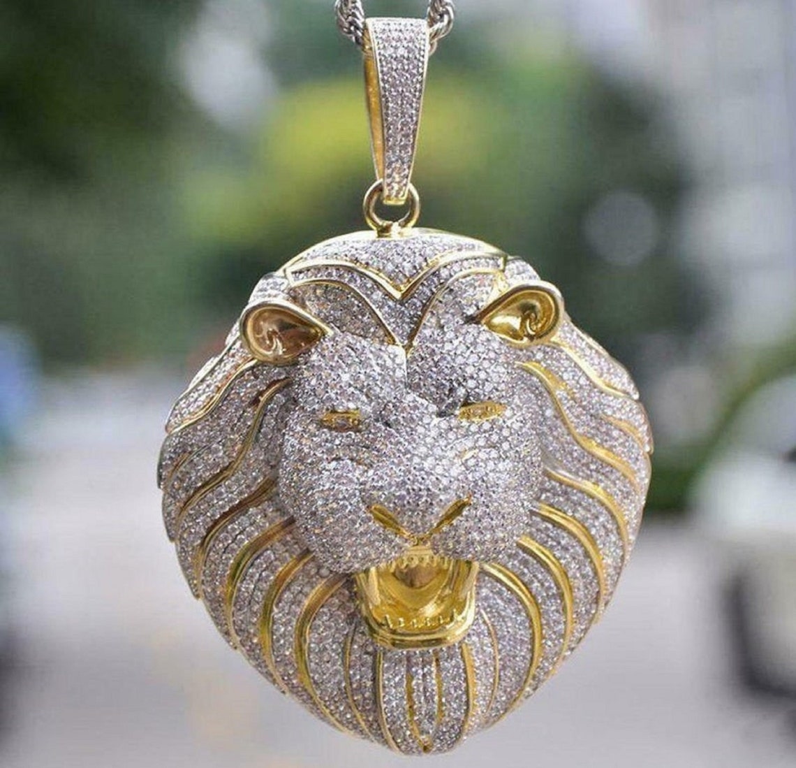 14k Gold Plated, Diamond Lion Pendant, Lion Diamond Charm Pendant
