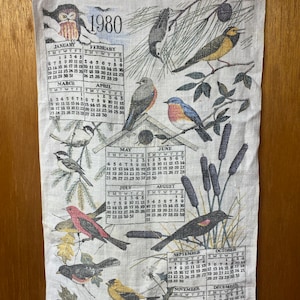 1980 Calendar Bird Watcher Linen Towel - Vintage