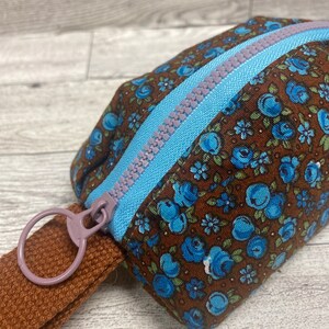 Blue Flowers on Brown Background Zipper Palm Pouch - Vintage Fabric