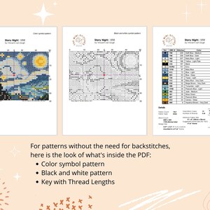 May include: Three pages of a cross-stitch pattern for "Starry Night" by Vincent van Gogh. The first page shows the color symbol pattern, the second a black and white pattern, and the third a color and symbol key. The pattern includes details on fabric count and size.
