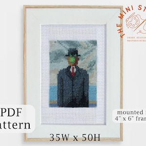 The Son of Man cross stitch pattern - PDF Download - Rene Magritte cross stitch painting - tiny art - modern cross stitch