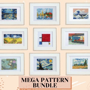 May include: A collection of framed cross-stitch art pieces, each depicting a famous painting. The artworks are displayed in white frames with a light beige mat. The bottom of the image has the text "MEGA PATTERN BUNDLE" in a pink rectangle.