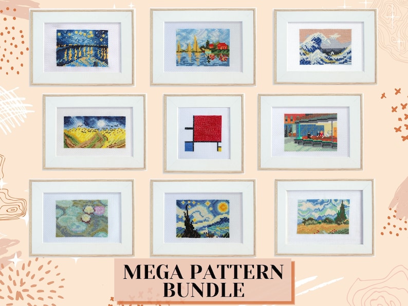 May include: A collection of framed cross-stitch art pieces, each depicting a famous painting. The artworks are displayed in white frames with a light beige mat. The bottom of the image has the text "MEGA PATTERN BUNDLE" in a pink rectangle.