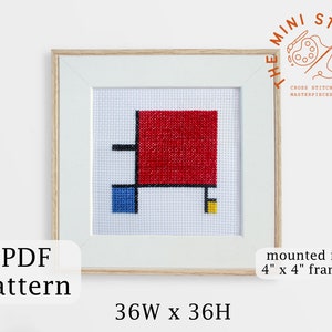 May include: A framed cross stitch pattern of a red, blue, and yellow geometric design. The pattern is 36 stitches wide by 36 stitches high and is mounted in a 4 inch by 4 inch frame. The pattern is titled "PDF Pattern".