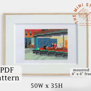 May include: A cross stitch pattern of a colorful city scene with people sitting at a cafe table. The pattern is framed in a 4 inch by 6 inch frame. The pattern is 50 stitches wide by 35 stitches high. The pattern is available as a PDF download.