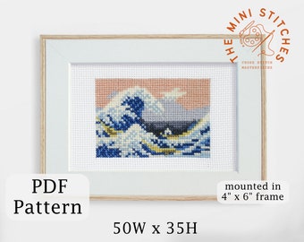 Patrón de punto de cruz La Gran Ola de Kanagawa - Descargar PDF - Impresión Katsushika Hokusai - punto de cruz mini y moderno