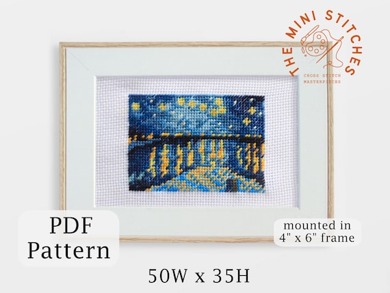 【完成品】〈ローヌ川の星月夜〉クロスステッチ ローヌ川の星月夜クロスステッチパターン：ゴッホ風（PDFダウンロード