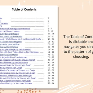May include: A digital document page featuring a "Table of Contents" with a list of art pieces and page numbers. Text on the right states, "The Table of Contents is clickable and navigates you directly to the pattern of your choosing."