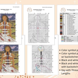 May include: Cross-stitch pattern set featuring Frida Kahlo's "The Broken Column, 1944." Includes color symbol pattern, black and white pattern, and thread length key. The artwork depicts a seated figure with a detailed, colorful design.