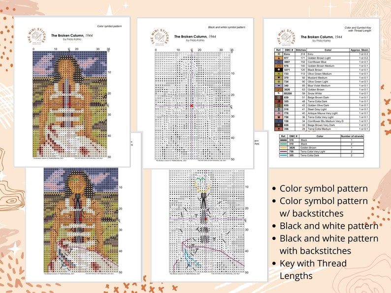 May include: Cross-stitch pattern set featuring Frida Kahlo's "The Broken Column, 1944." Includes color symbol pattern, black and white pattern, and thread length key. The artwork depicts a seated figure with a detailed, colorful design.