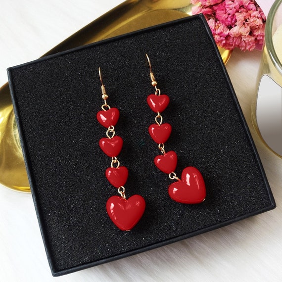 Dark Red Heart Drop Earrings Multi Heart Tassel Earrings - Etsy