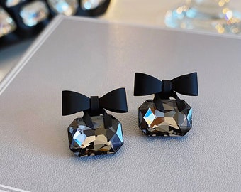 Cute velvet black bow earrings with gem hoop clip-on available