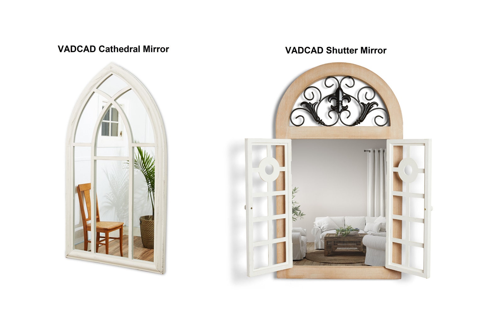 VADCAD Arched Wooden Window Mirror Cathedral White Farmhouse Distressed