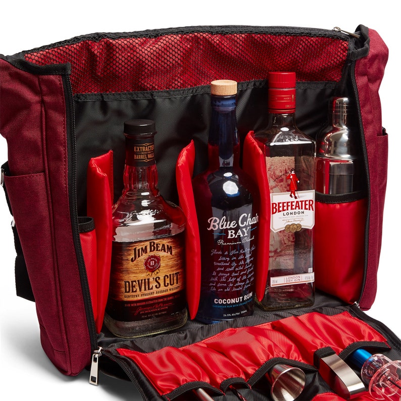 VADCAD Travel Bar Crimson Red & Black, Water Resistant, Bartending Supplies, Pockets for a Cocktail Kit Bag Only, 16H X 13W X 5D image 4