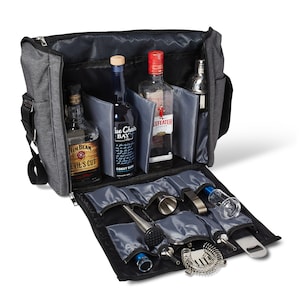 VADCAD Travel Bar Gray & Black, Water Resistant, Bartending Supplies, Pockets for a Cocktail Kit (Bag Only), 16H X 13W X 5D