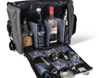 May include: A black and gray canvas bag with a zippered top and a shoulder strap. The bag is open and contains a variety of bottles, including Jim Beam Devil's Cut, Blue Chair Bay Coconut Rum, and Beefeater London Dry Gin. The bag also contains a cocktail shaker, a jigger, a bar spoon, a muddler, a bottle opener, and a strainer.