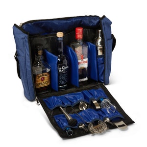 VADCAD Travel Bar Navy Blue & Black, Water Resistant, Bartending Supplies, Pockets for a Cocktail Kit (Bag Only), 16H X 13W X 5D