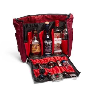 VADCAD Travel Bar Crimson Red & Black, Water Resistant, Bartending Supplies, Pockets for a Cocktail Kit Bag Only, 16H X 13W X 5D image 1