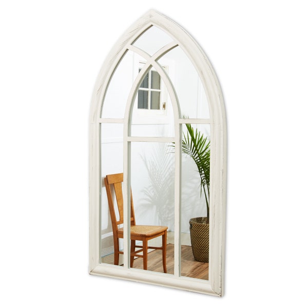 VADCAD Arched Wooden Window Mirror Cathedral White Farmhouse Distressed Wall Mounted Décor 30 X 20