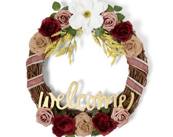 VADCAD Front Door Wreath, 18 Inch All Season.  Grapevine with Artificial Roses, Welcome Farmhouse Décor for the Home.