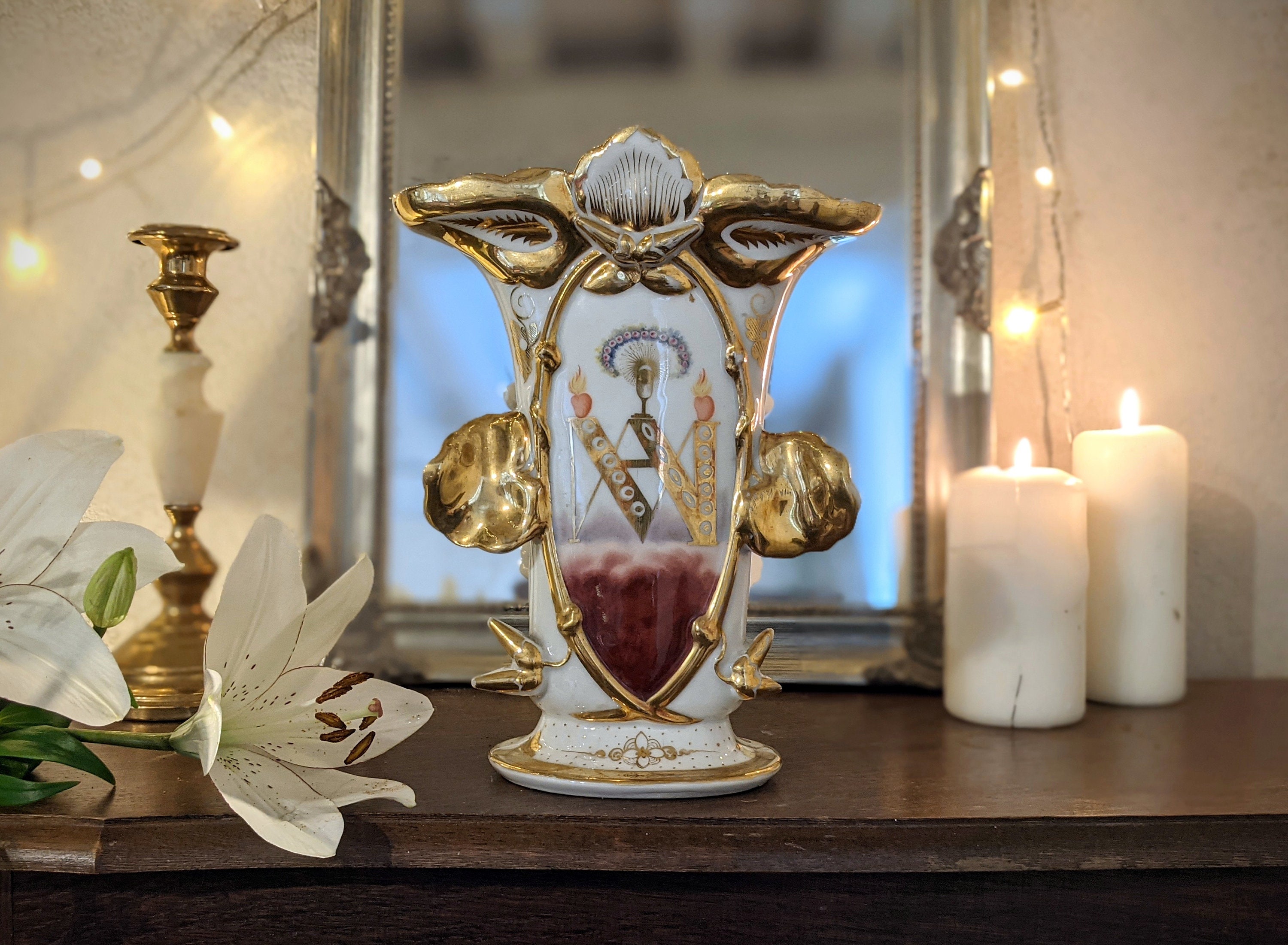 Vase à Fleurs d'autel Antique | Vase en Porcelaine d'or Victorien Français d'ornement d'église Décor