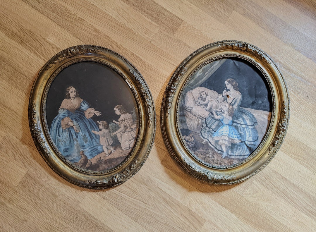 1850s Pair of Colored Prints in Oval Frames | Antique Victorian Family ...