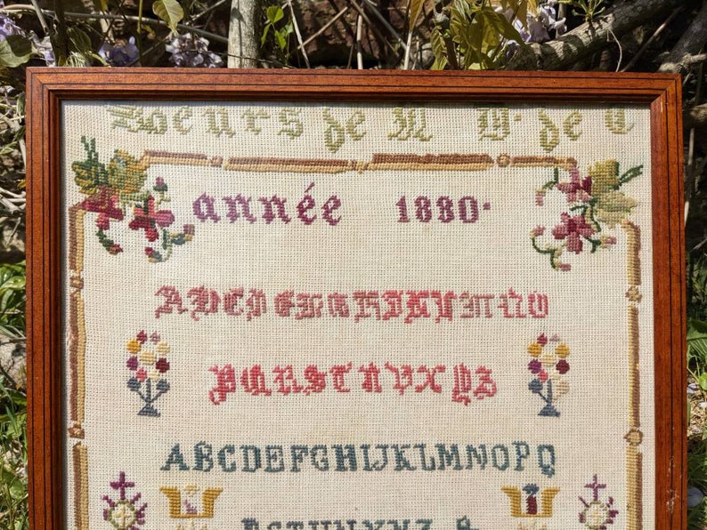 Antique French cross-stitch alphabet sampler 1880 needlework Victorian women's craft Abécédaire ancien image 2