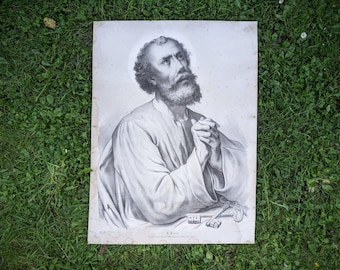 Antique French Saint Peter lithograph | 1800s Catholic engraving