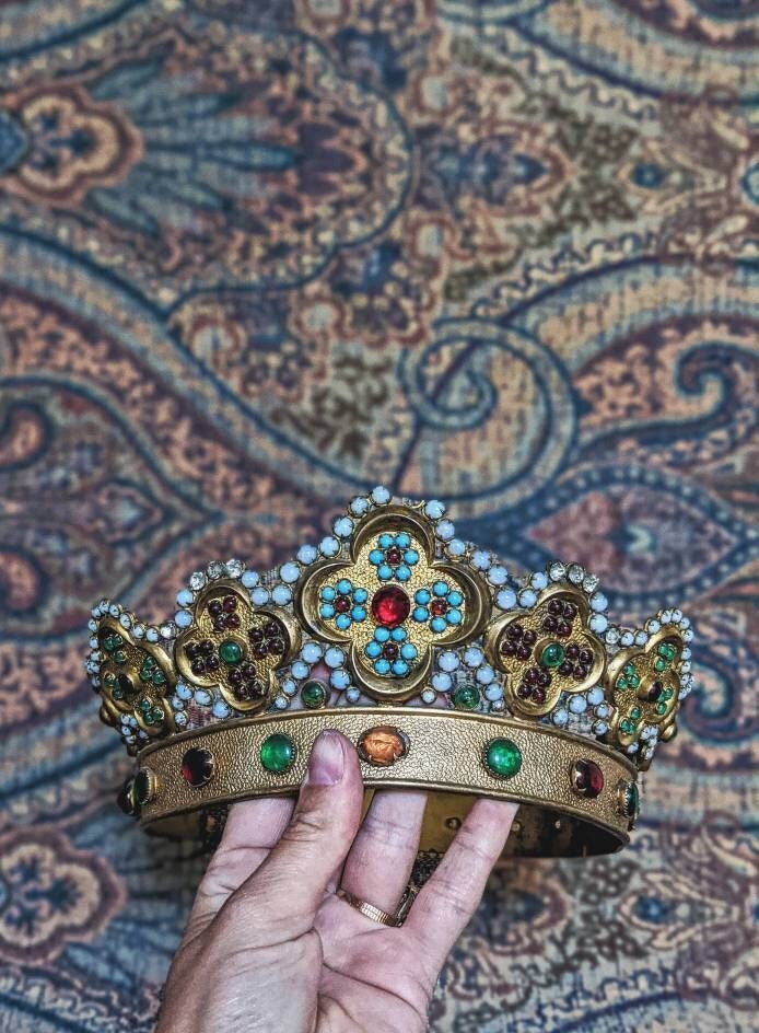 Couronne Antique Grandeur Nature Santos ou Vierge Marie avec Perles et Strass/Fin Du 19Ème Début 20È