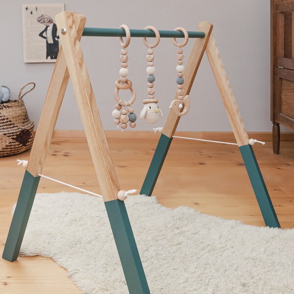 Spielbogen aus Holz für Baby "Petrol" | Babygym | Spieltrapez aus Holz | Spielbogen Anhänger