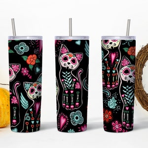 Black skeleton cat 20oz Tumbler, Halloween, hearts, bones, black