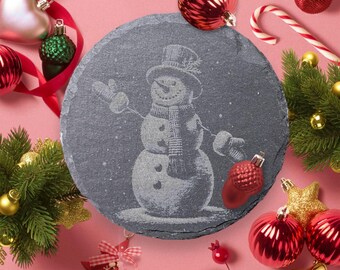 Engraved Snowman Slate Coasters: Christmas Drinkware, Set of 4