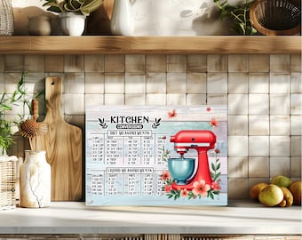 May include: A kitchen-themed wall art featuring a red stand mixer with a blue bowl, surrounded by floral accents. The artwork includes a kitchen conversion chart for dry and liquid measurements, in cups, tablespoons, teaspoons, ounces, and grams.