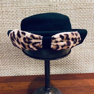 Vintage Black & Leopard Wool Hat, Bowler Style, 1950s Fisk Chicago, Excellent Condition
