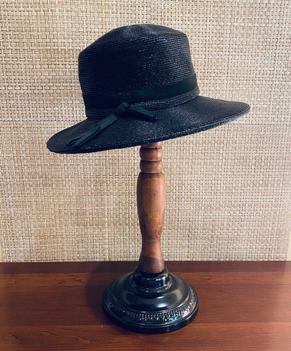 Vintage 1950s Fancy Black Straw Wide Brim Cloche … - image 1