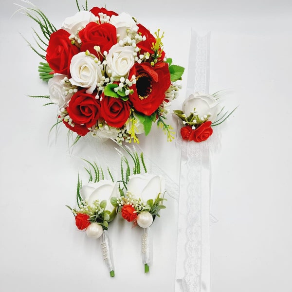 bouquet de mariée roses blancs et rouges durable