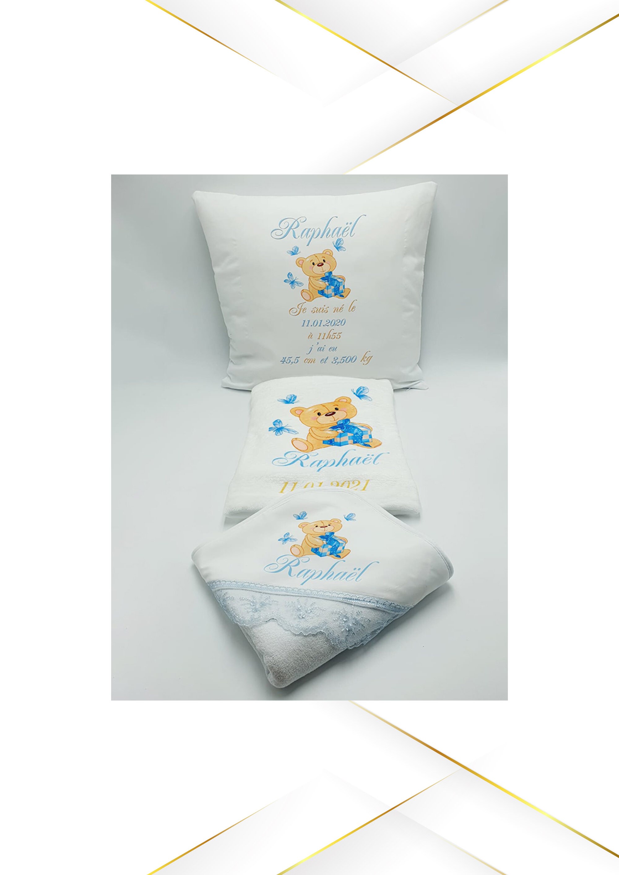 Coffret de Naissance, Coffret Bebe avec Prénom, Coussin Personnalisé , Couverture Personnalisé, Nais