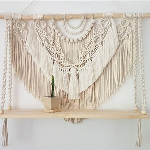 Large Macrame Shelf: Woven Cotton Wall Hanging, Farmhouse Decor