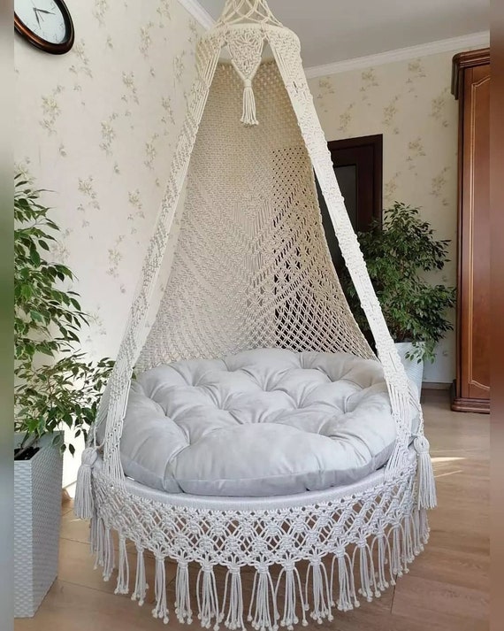 Macrame Hammock Chair Macrame Round Swing Hanging Cotton Macrame Hammock Chair Macrame Swing Chair Macrame Handmade Swing Etsy