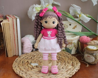 Crochet doll for sale, finished doll, doll in pink dress, amigurumi doll for sale, doll with long hair, waldorf little doll, baby doll