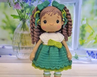 Doll in cute dress, doll in green dress , crochet dolls for sale, amigurumi doll for sale, waldorf doll, doll with crochet clothes