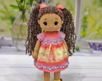 Amigurumi doll for sale, crochet doll for sale, little waldorf doll, doll with clothes, doll in pink dress, doll for baby shower
