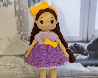 Crochet doll for sale, amigurumi doll for sale, stuffed doll, doll with pigtails, little girl waldorf doll, doll in purple dress, soft doll