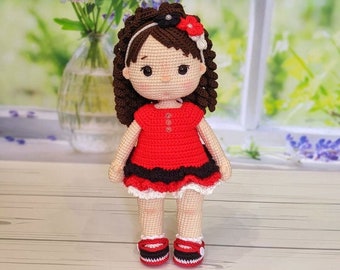 Crochet dolls for sale, amigurumi doll finished, doll in red dress, doll with ponytail, brown hair crochet doll, little waldorf doll ready