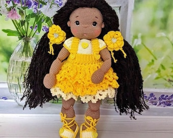 Black doll with natural hair, amigurumi black doll finished, crochet doll for sale, dark skin doll, african dolls, black doll in red dress